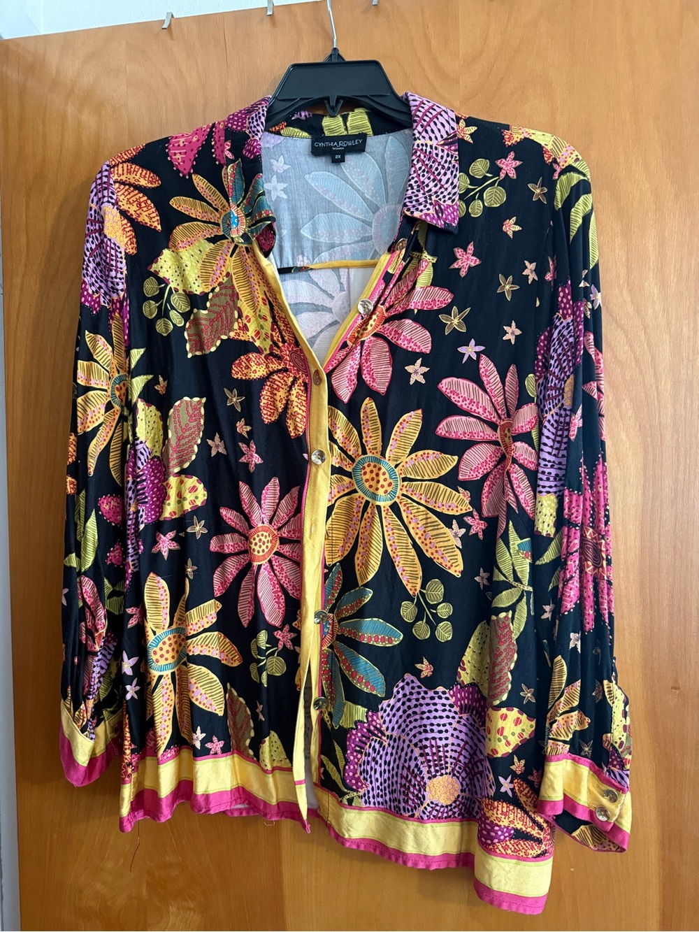 Cynthia Rowley Black Floral Button-Front Top with Pink & Yellow Accents